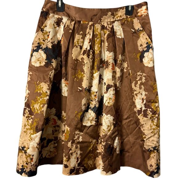 Talbots Womens Pleated Floral Brown Satin Skirt Stretch Pockets Shiny sz 10 - Picture 1 of 16